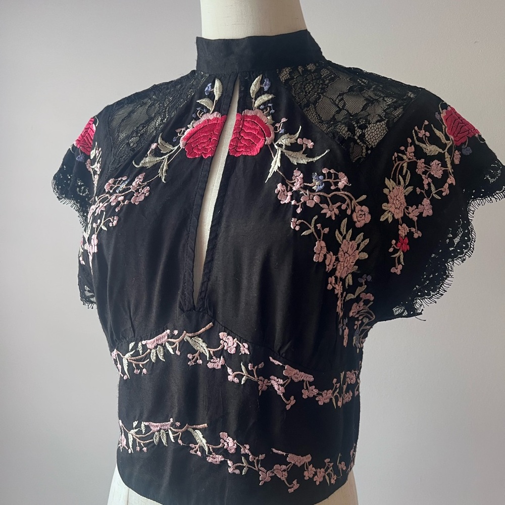 Floral Embroidered Black Lace Blouse